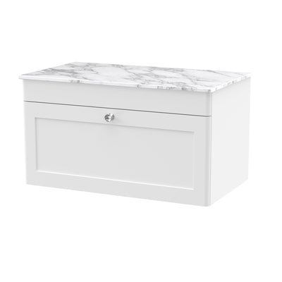 Classique 800mm Wall Hung Vanity Unit With 1 Drawer With Carrera Marble Worktop - Satin White