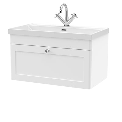 Classique 800mm Wall Hung Vanity Unit With 1 Drawer With Thin Edge Ceramic Basin - Satin White