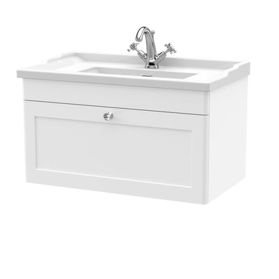 Classique 800mm Wall Hung Vanity Unit With 1 Drawer With Traditional Basin - Satin White