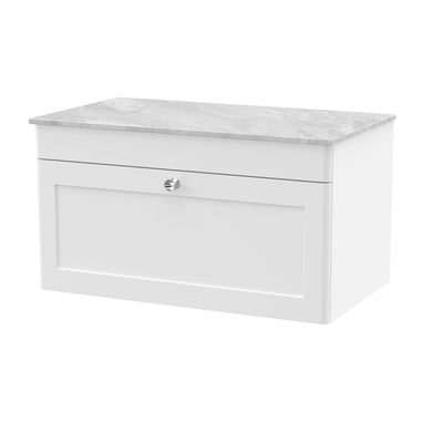 Classique 800mm Wall Hung Vanity Unit With 1 Drawer With Grey Marble Worktop - Satin White