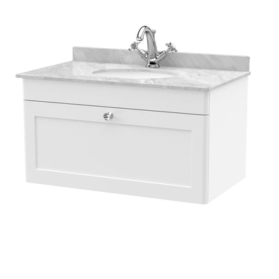 Classique 800mm Wall Hung Vanity Unit With 1 Drawer With Grey Marble Worktop With Round Basin - Satin White