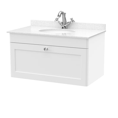 Classique 800mm Wall Hung Vanity Unit With 1 Drawer With White Marble Worktop With Round Basin - Satin White