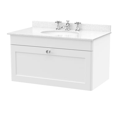 Classique 800mm Wall Hung Vanity Unit With 1 Drawer With White Marble Worktop With Round Basin - Satin White