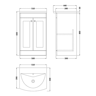 Classique 500mm Floor Standing Vanity Unit With 2 Doors With Curved Ceramic Basin - Satin Grey