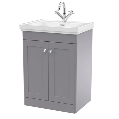 Classique 600mm Floor Standing Vanity Unit With 2 Doors With Fireclay Basin - Satin Grey