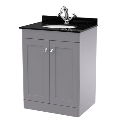 Classique 600mm Floor Standing Vanity Unit With 2 Doors With Black Marble Worktop With Round Basin - Satin Grey