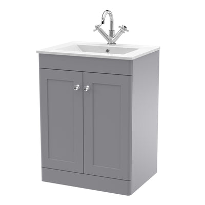 Classique 600mm Floor Standing Vanity Unit With 2 Doors With Minimalist Ceramic Basin - Satin Grey