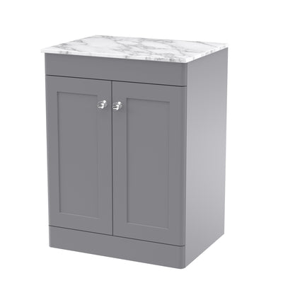 Classique 600mm Floor Standing Vanity Unit With 2 Doors With Carrera Marble Worktop - Satin Grey