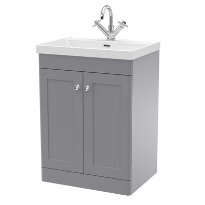 Classique 600mm Floor Standing Vanity Unit With 2 Doors With Thin Edge Ceramic Basin - Satin Grey