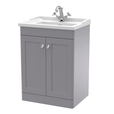 Classique 600mm Floor Standing Vanity Unit With 2 Doors With Traditional Basin - Satin Grey