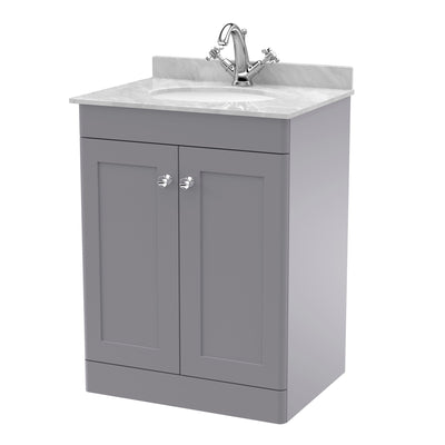 Classique 600mm Floor Standing Vanity Unit With 2 Doors With Grey Marble Worktop With Round Basin - Satin Grey