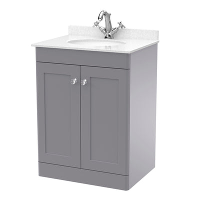 Classique 600mm Floor Standing Vanity Unit With 2 Doors With White Marble Worktop With Round Basin - Satin Grey