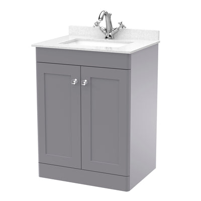 Classique 600mm Floor Standing Vanity Unit With 2 Doors With White Marble Worktop With Square Basin - Satin Grey