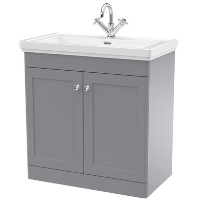 Classique 800mm Floor Standing Vanity Unit With 2 Doors With Fireclay Basin - Satin Grey