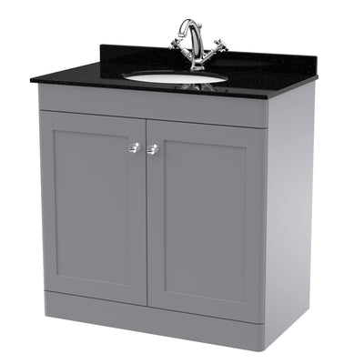 Classique 800mm Floor Standing Vanity Unit With 2 Doors With Black Marble Worktop With Round Basin - Satin Grey