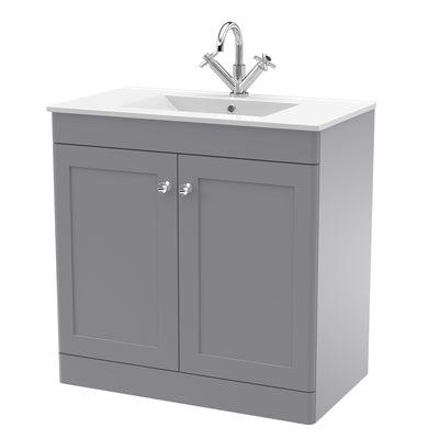 Classique 800mm Floor Standing Vanity Unit With 2 Doors With Minimalist Ceramic Basin - Satin Grey