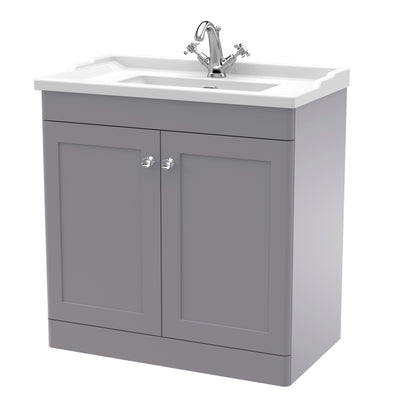 Classique 800mm Floor Standing Vanity Unit With 2 Doors With Traditional Basin - Satin Grey