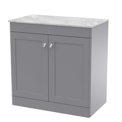 Classique 800mm Floor Standing Vanity Unit With 2 Doors With Grey Marble Worktop - Satin Grey