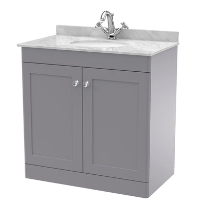 Classique 800mm Floor Standing Vanity Unit With 2 Doors With Grey Marble Worktop With Round Basin - Satin Grey