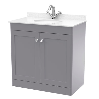 Classique 800mm Floor Standing Vanity Unit With 2 Doors With White Marble Worktop With Round Basin - Satin Grey