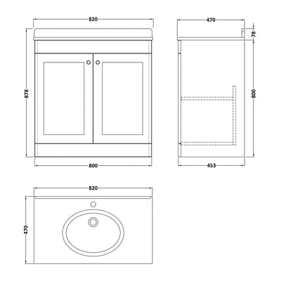 Classique 800mm Floor Standing Vanity Unit With 2 Doors With White Marble Worktop With Round Basin - Satin Grey