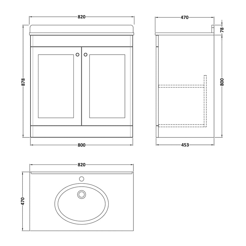 Classique 800mm Floor Standing Vanity Unit With 2 Doors With White Marble Worktop With Round Basin - Satin Grey