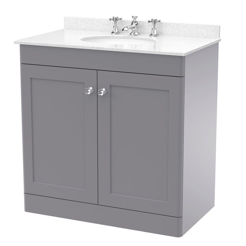 Classique 800mm Floor Standing Vanity Unit With 2 Doors With White Marble Worktop With Round Basin - Satin Grey