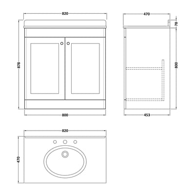 Classique 800mm Floor Standing Vanity Unit With 2 Doors With White Marble Worktop With Round Basin - Satin Grey