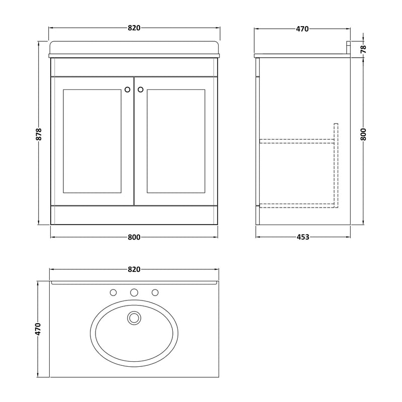 Classique 800mm Floor Standing Vanity Unit With 2 Doors With White Marble Worktop With Round Basin - Satin Grey