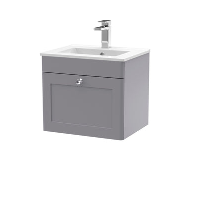 Classique 500mm Wall Hung Vanity Unit With 1 Drawer With Minimalist Ceramic Basin - Satin Grey