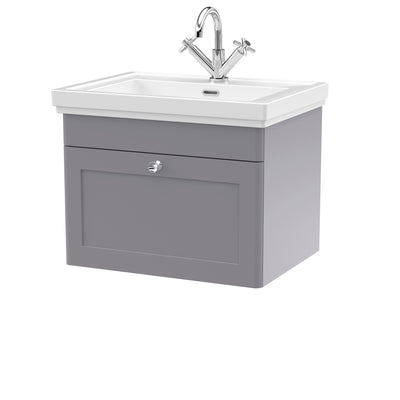 Classique 600mm Wall Hung Vanity Unit With 1 Drawer With Fireclay Basin - Satin Grey