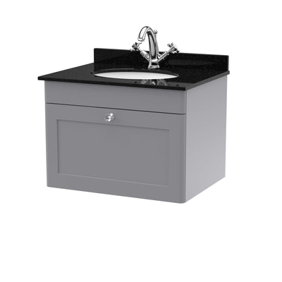 Classique 600mm Wall Hung Vanity Unit With 1 Drawer With Black Marble Worktop With Round Basin - Satin Grey