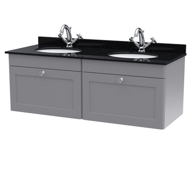 Classique 1200mm Wall Hung Vanity Unit With 2 Drawers With Black Marble Worktop With 2 Round Basins - Satin Grey