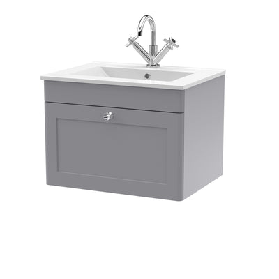 Classique 600mm Wall Hung Vanity Unit With 1 Drawer With Minimalist Ceramic Basin - Satin Grey