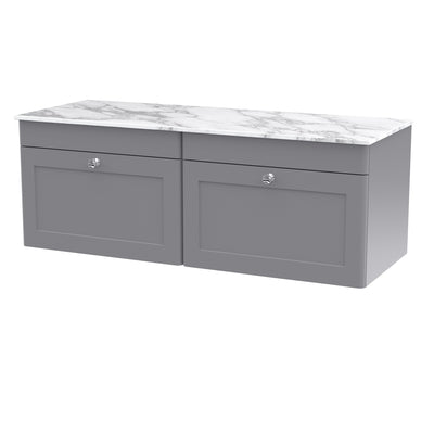 Classique 1200mm Wall Hung Vanity Unit With 2 Drawers With Carrera Marble Worktop - Satin Grey