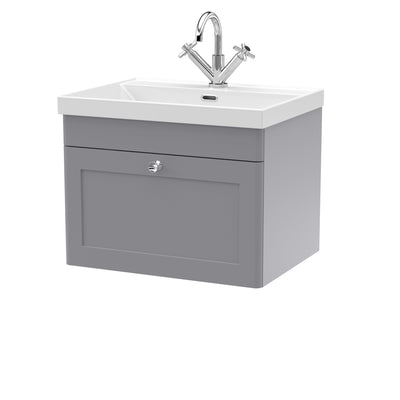 Classique 600mm Wall Hung Vanity Unit With 1 Drawer With Thin Edge Ceramic Basin - Satin Grey