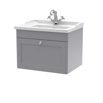 Classique 600mm Wall Hung Vanity Unit With 1 Drawer With Traditional Basin - Satin Grey