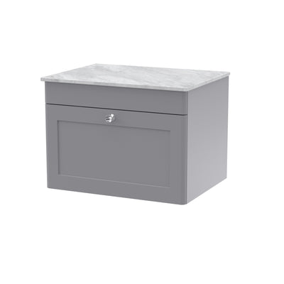 Classique 600mm Wall Hung Vanity Unit With 1 Drawer With Grey Marble Worktop - Satin Grey