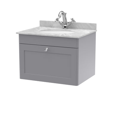 Classique 600mm Wall Hung Vanity Unit With 1 Drawer With Grey Marble Worktop With Round Basin - Satin Grey