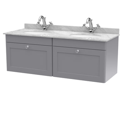 Classique 1200mm Wall Hung Vanity Unit With 2 Drawers With Grey Marble Worktop With 2 Round Basins - Satin Grey