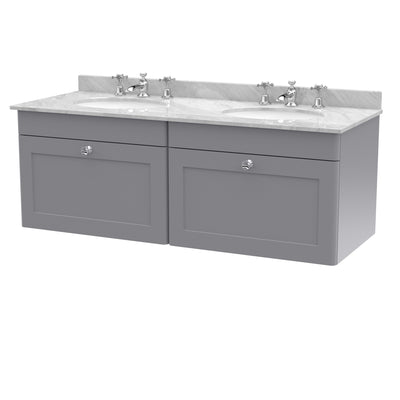 Classique 1200mm Wall Hung Vanity Unit With 2 Drawers With Grey Marble Worktop With 2 Round Basins - Satin Grey