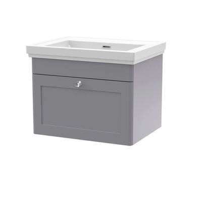 Classique 600mm Wall Hung Vanity Unit With 1 Drawer With Fireclay Basin - Satin Grey