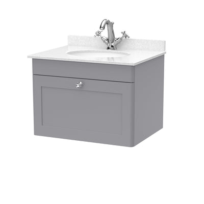 Classique 600mm Wall Hung Vanity Unit With 1 Drawer With White Marble Worktop With Round Basin - Satin Grey