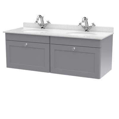 Classique 1200mm Wall Hung Vanity Unit With 2 Drawers With White Marble Worktop With 2 Round Basins - Satin Grey