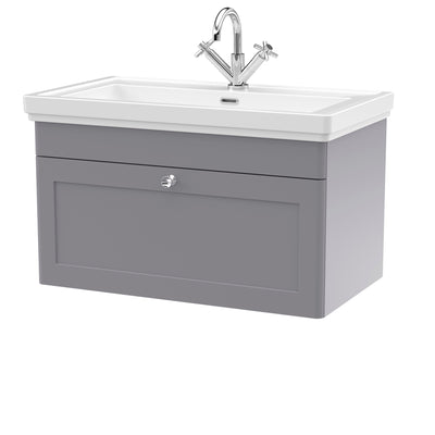 Classique 800mm Wall Hung Vanity Unit With 1 Drawer With Fireclay Basin - Satin Grey