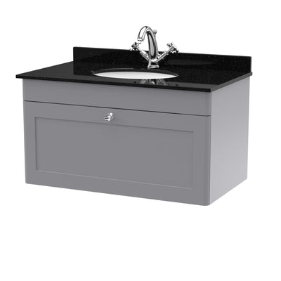 Classique 800mm Wall Hung Vanity Unit With 1 Drawer With Black Marble Worktop With Round Basin - Satin Grey