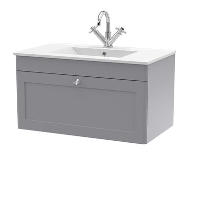 Classique 800mm Wall Hung Vanity Unit With 1 Drawer With Minimalist Ceramic Basin - Satin Grey