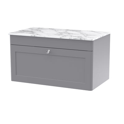 Classique 800mm Wall Hung Vanity Unit With 1 Drawer With Carrera Marble Worktop - Satin Grey