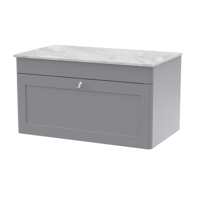 Classique 800mm Wall Hung Vanity Unit With 1 Drawer With Grey Marble Worktop - Satin Grey