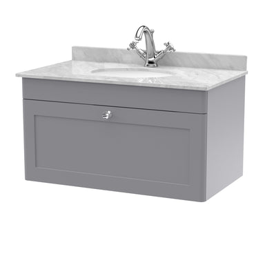 Classique 800mm Wall Hung Vanity Unit With 1 Drawer With Grey Marble Worktop With Round Basin - Satin Grey